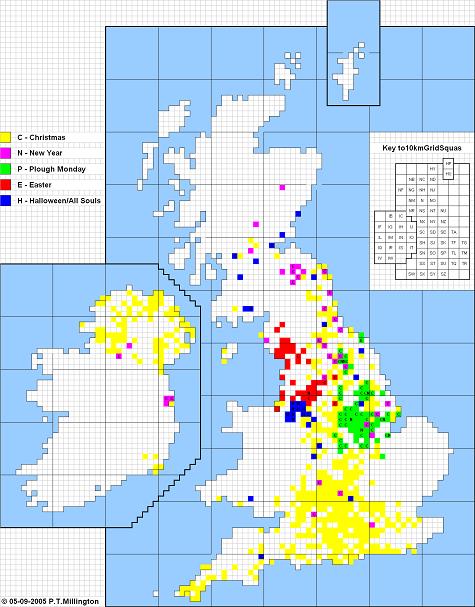 Distribution map showing the times of appearance of British and Irish folk plays